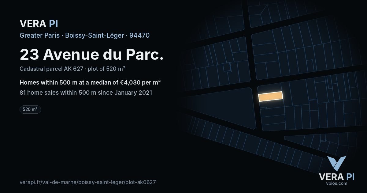 23 Avenue du Parc, Boissy-Saint-Léger at night – the plot lit, the parcels around coloured by the prices near them