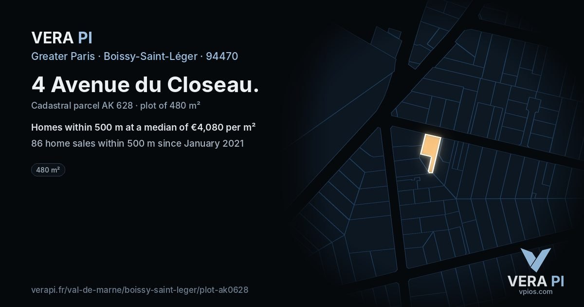 4 Avenue du Closeau, Boissy-Saint-Léger at night – the plot lit, the parcels around coloured by the prices near them