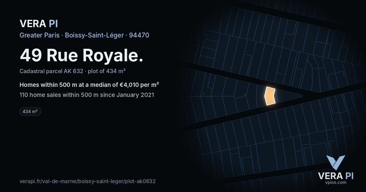 49 Rue Royale, Boissy-Saint-Léger at night – the plot lit, the parcels around coloured by the prices near them