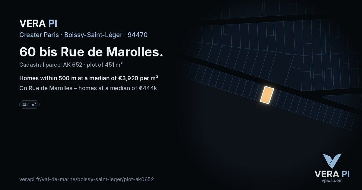 60 bis Rue de Marolles, Boissy-Saint-Léger at night – the plot lit, the parcels around coloured by the prices near them