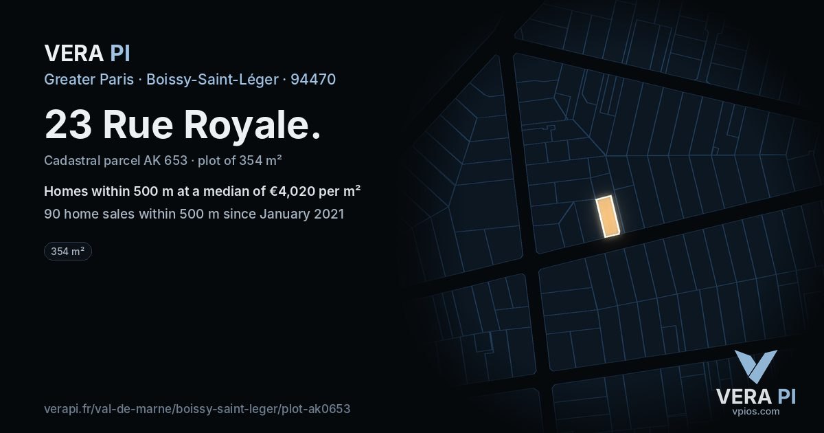 23 Rue Royale, Boissy-Saint-Léger at night – the plot lit, the parcels around coloured by the prices near them