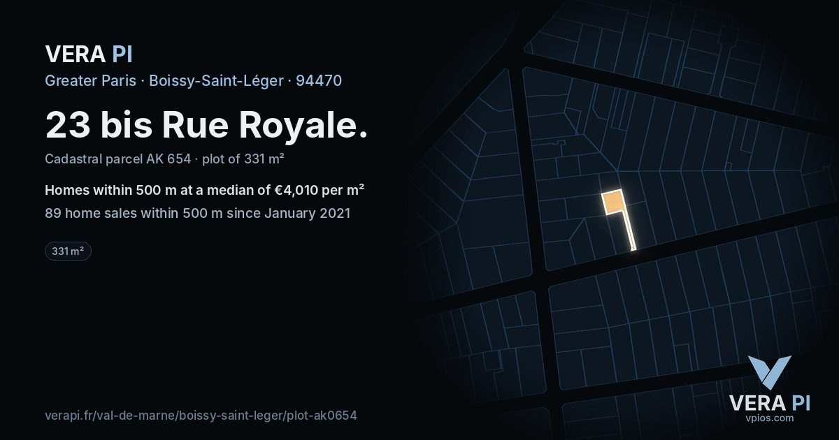 23 bis Rue Royale, Boissy-Saint-Léger at night – the plot lit, the parcels around coloured by the prices near them