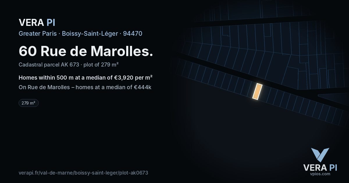 60 Rue de Marolles, Boissy-Saint-Léger at night – the plot lit, the parcels around coloured by the prices near them