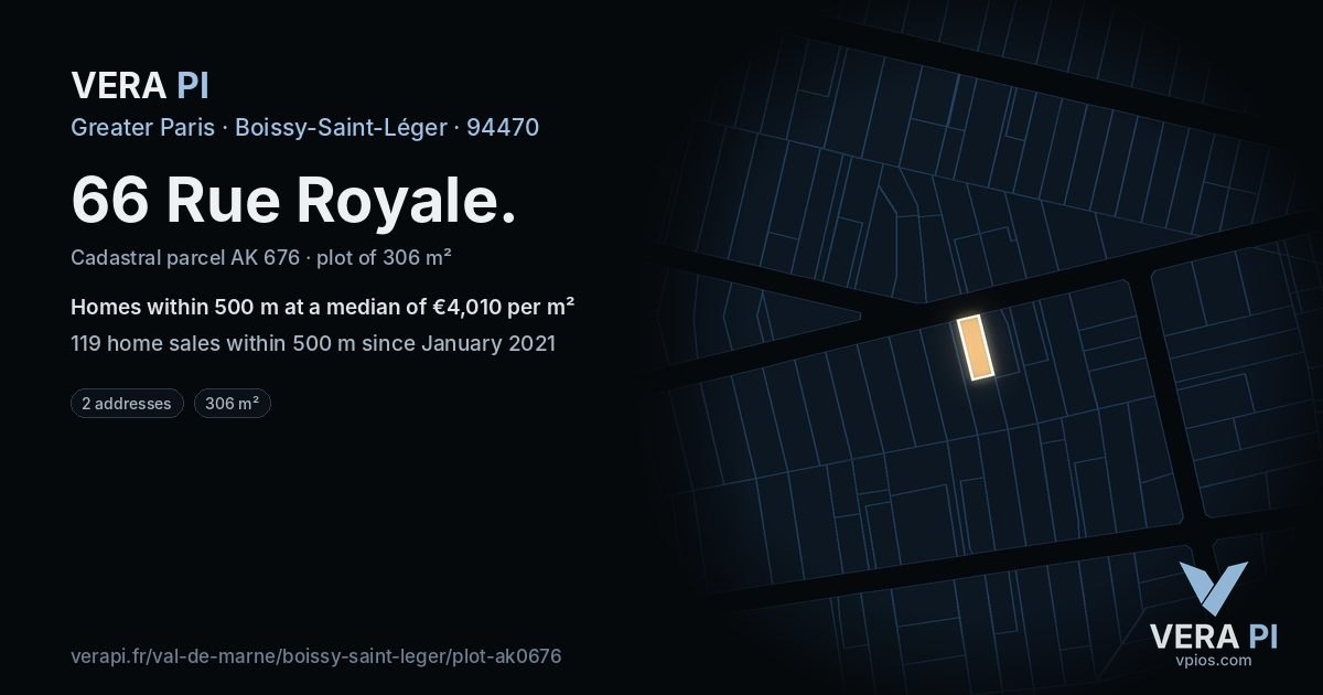 66 Rue Royale, Boissy-Saint-Léger at night – the plot lit, the parcels around coloured by the prices near them