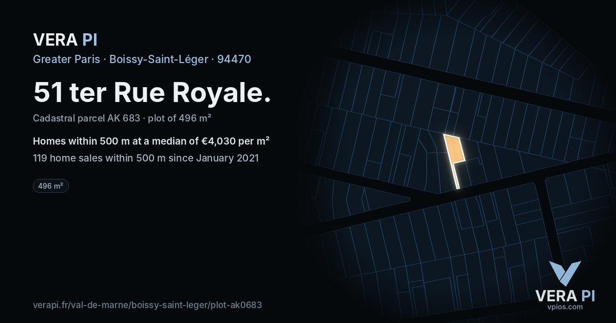 51 ter Rue Royale, Boissy-Saint-Léger at night – the plot lit, the parcels around coloured by the prices near them