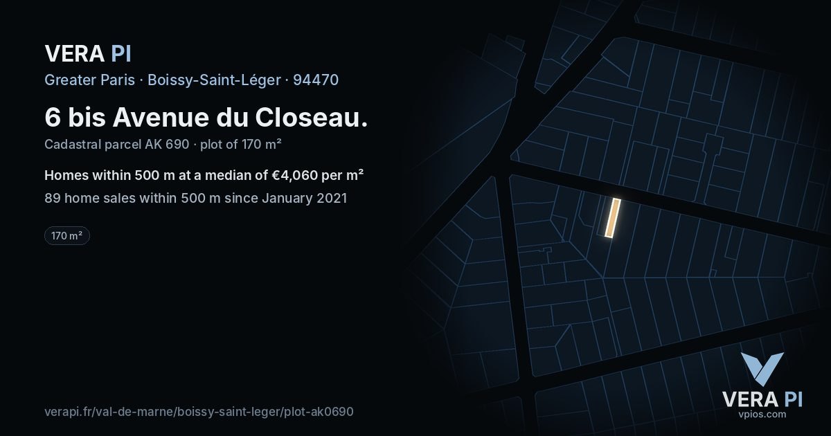 6 bis Avenue du Closeau, Boissy-Saint-Léger at night – the plot lit, the parcels around coloured by the prices near them