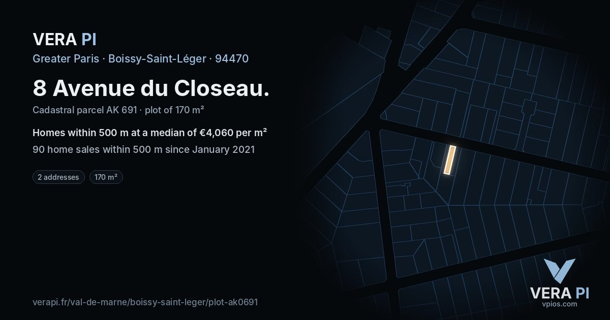 8 Avenue du Closeau, Boissy-Saint-Léger at night – the plot lit, the parcels around coloured by the prices near them