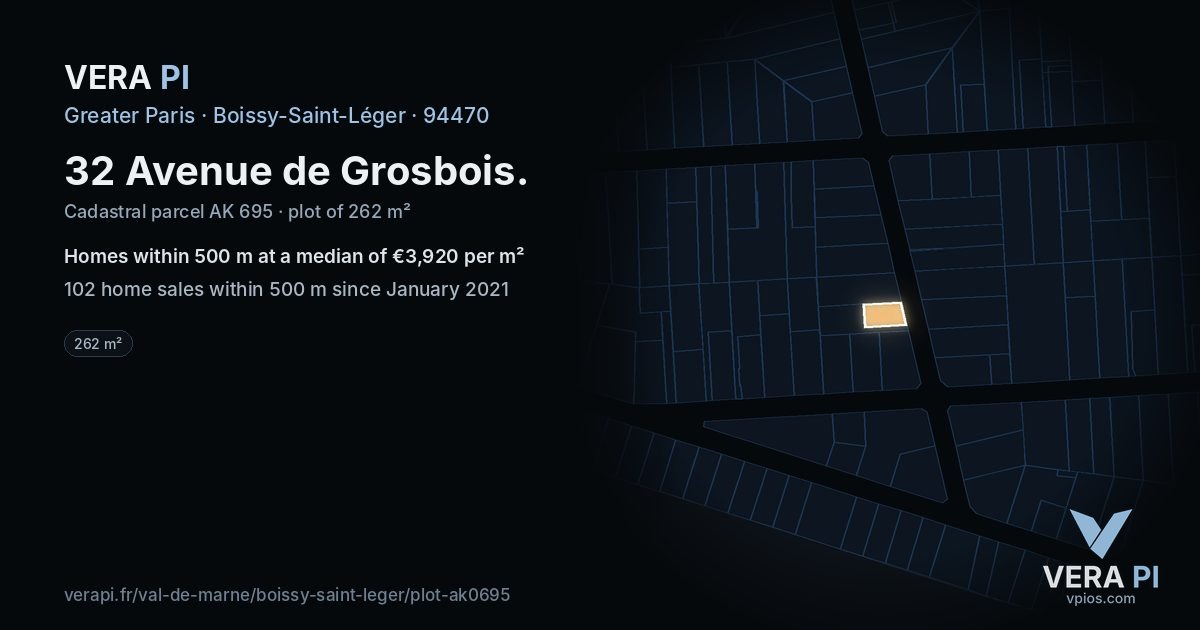 32 Avenue de Grosbois, Boissy-Saint-Léger at night – the plot lit, the parcels around coloured by the prices near them