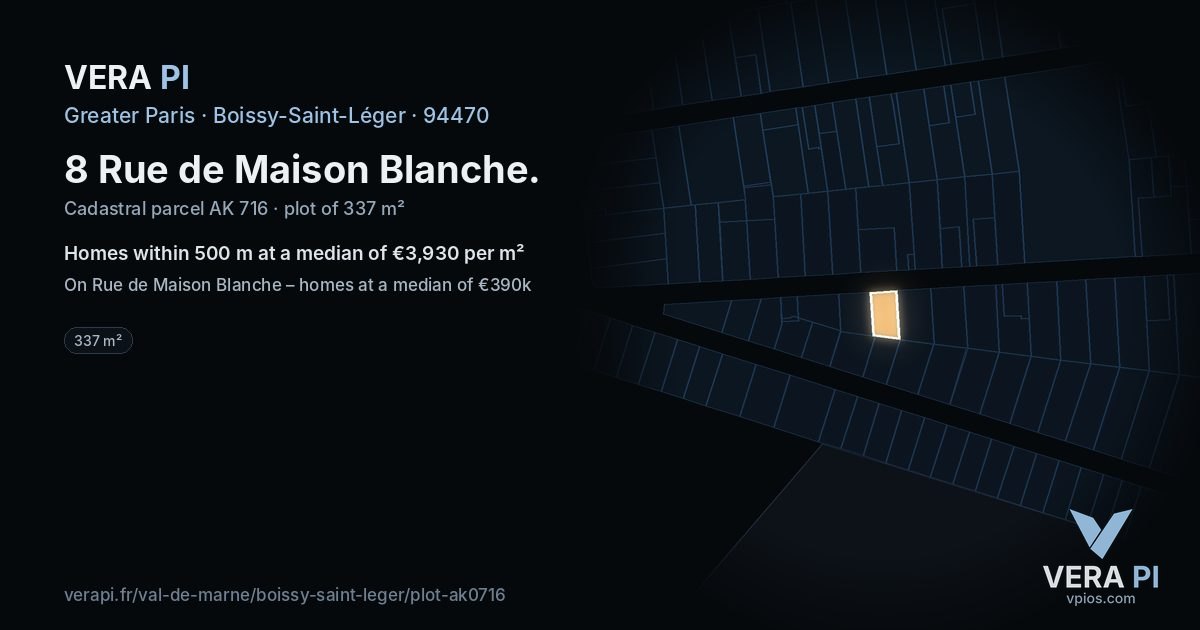 8 Rue de Maison Blanche, Boissy-Saint-Léger at night – the plot lit, the parcels around coloured by the prices near them