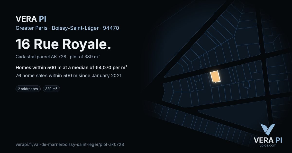 16 Rue Royale, Boissy-Saint-Léger at night – the plot lit, the parcels around coloured by the prices near them