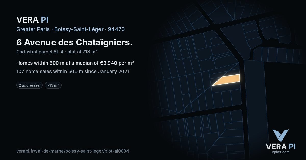 6 Avenue des Chataîgniers, Boissy-Saint-Léger at night – the plot lit, the parcels around coloured by the prices near them