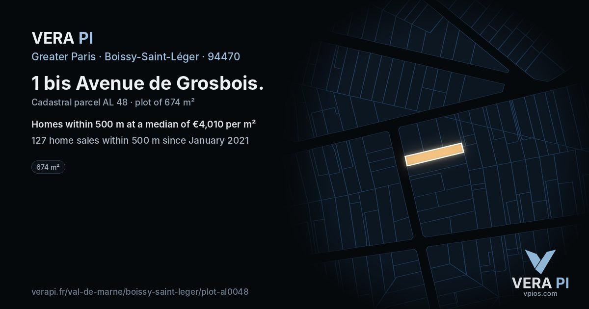 1 bis Avenue de Grosbois, Boissy-Saint-Léger at night – the plot lit, the parcels around coloured by the prices near them