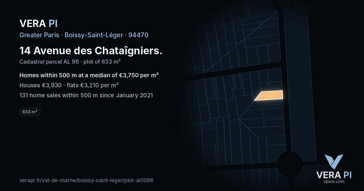 14 Avenue des Chataîgniers, Boissy-Saint-Léger at night – the plot lit, the parcels around coloured by the prices near them