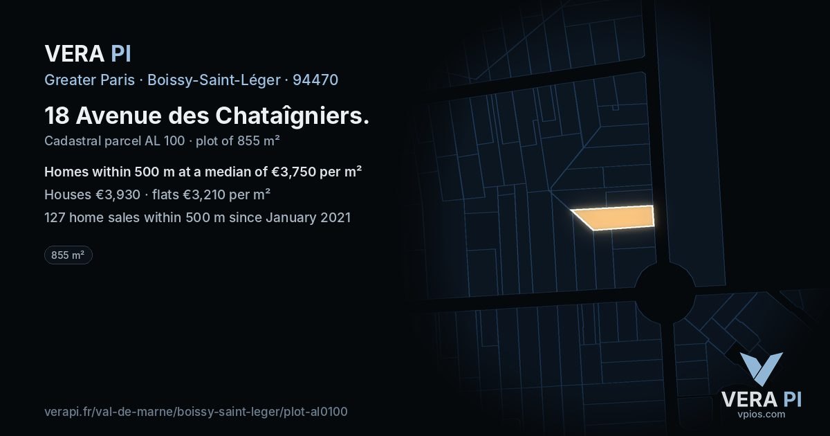 18 Avenue des Chataîgniers, Boissy-Saint-Léger at night – the plot lit, the parcels around coloured by the prices near them