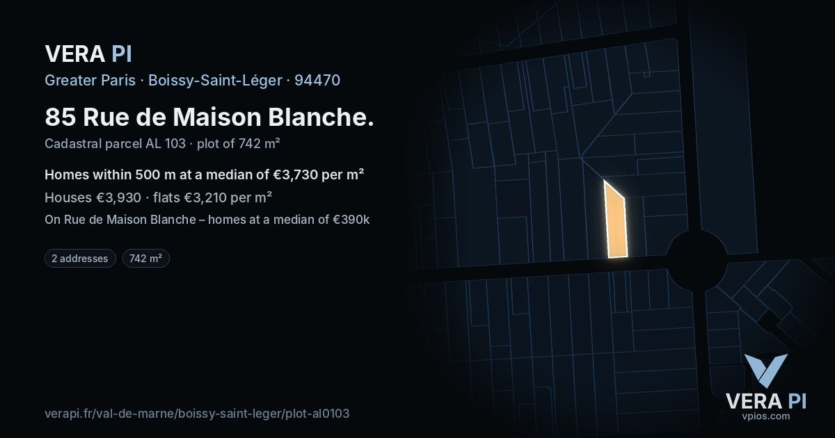 85 Rue de Maison Blanche, Boissy-Saint-Léger at night – the plot lit, the parcels around coloured by the prices near them