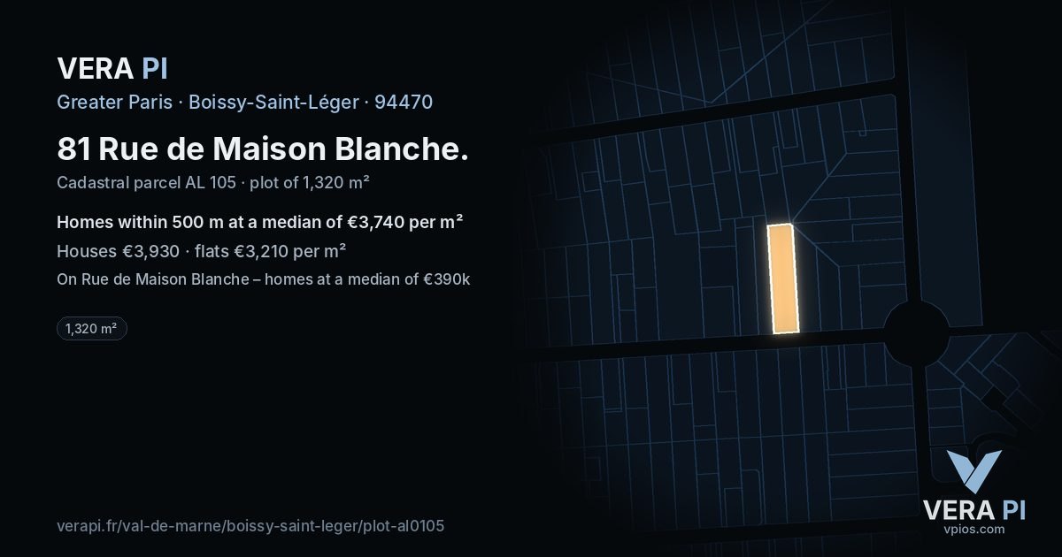 81 Rue de Maison Blanche, Boissy-Saint-Léger at night – the plot lit, the parcels around coloured by the prices near them