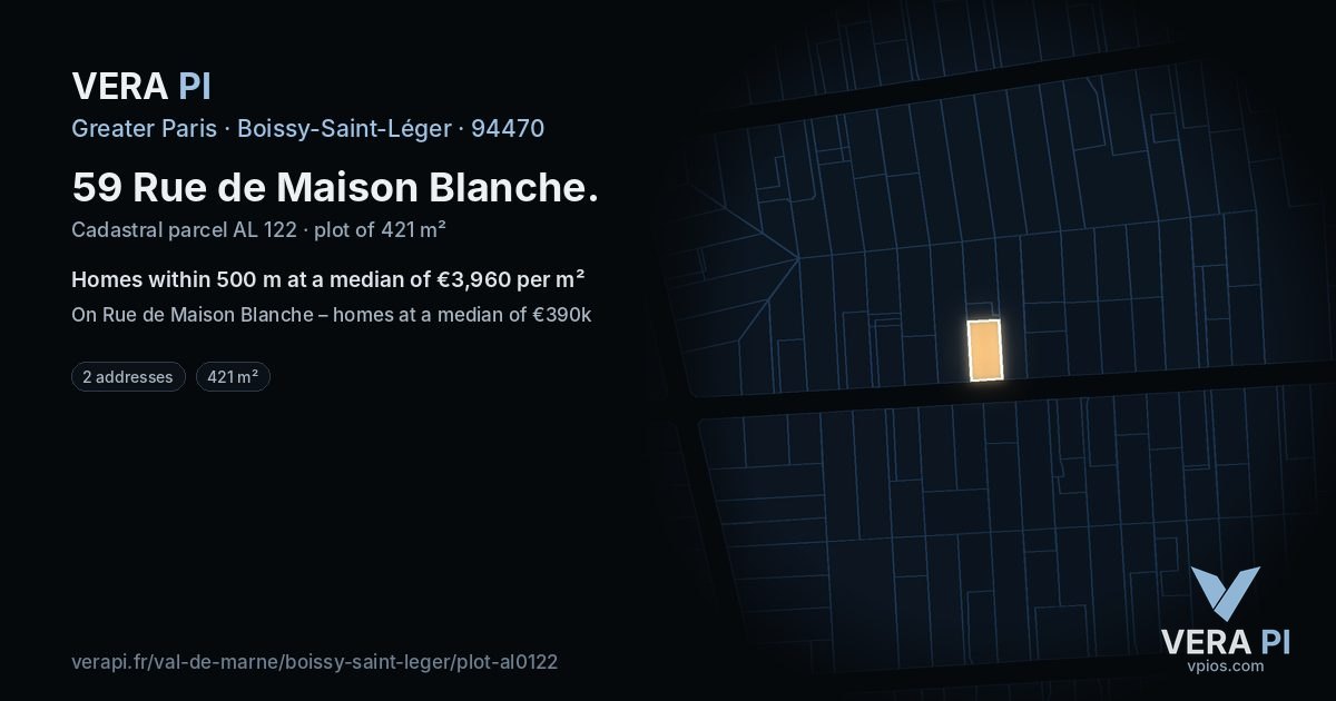 59 Rue de Maison Blanche, Boissy-Saint-Léger at night – the plot lit, the parcels around coloured by the prices near them