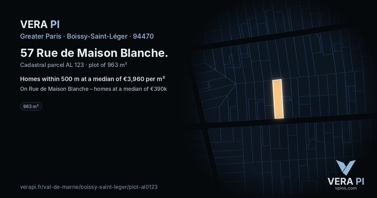 57 Rue de Maison Blanche, Boissy-Saint-Léger at night – the plot lit, the parcels around coloured by the prices near them