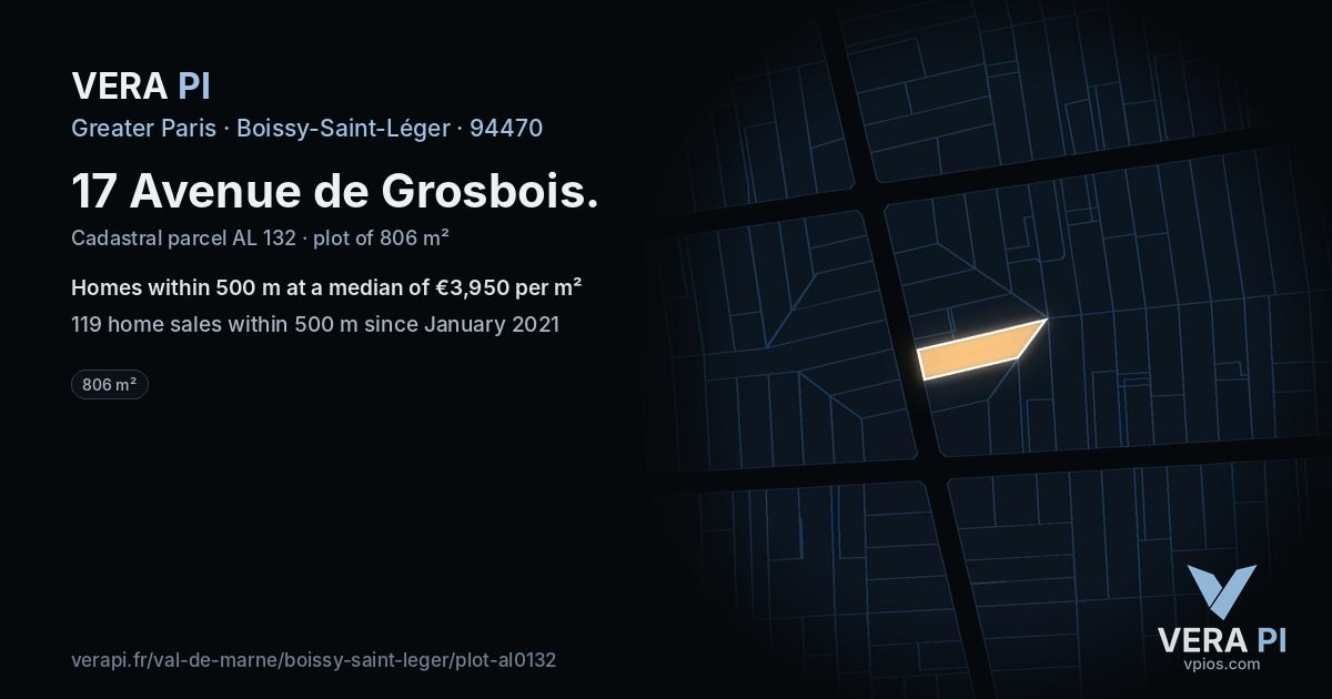 17 Avenue de Grosbois, Boissy-Saint-Léger at night – the plot lit, the parcels around coloured by the prices near them