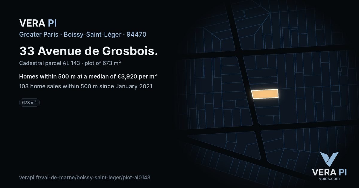 33 Avenue de Grosbois, Boissy-Saint-Léger at night – the plot lit, the parcels around coloured by the prices near them