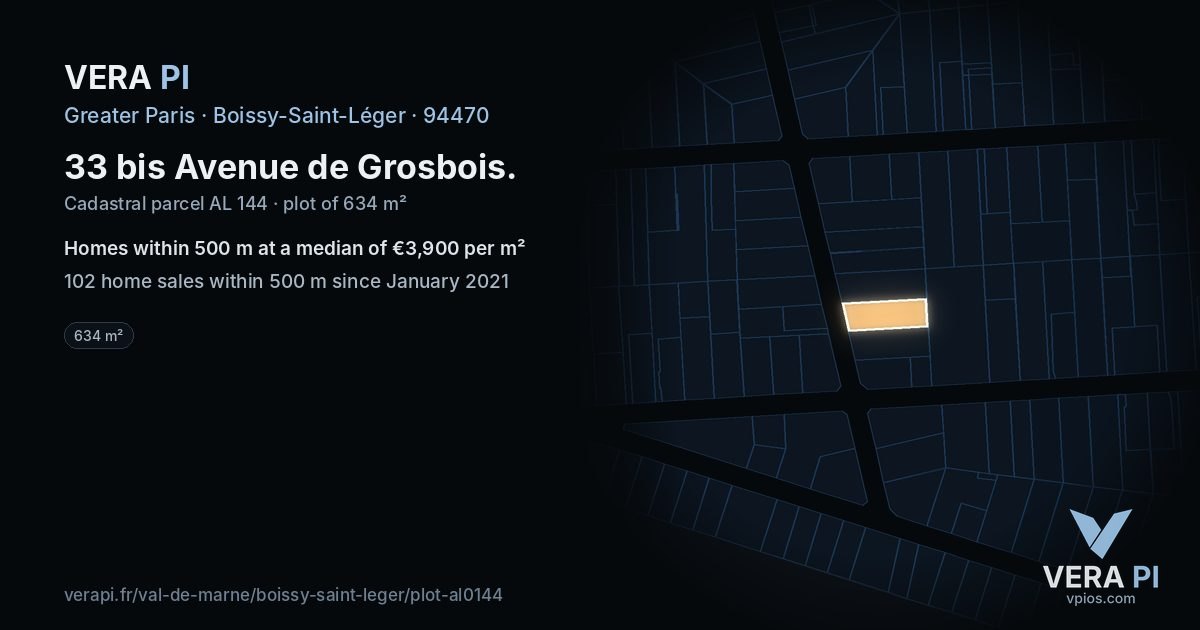 33 bis Avenue de Grosbois, Boissy-Saint-Léger at night – the plot lit, the parcels around coloured by the prices near them