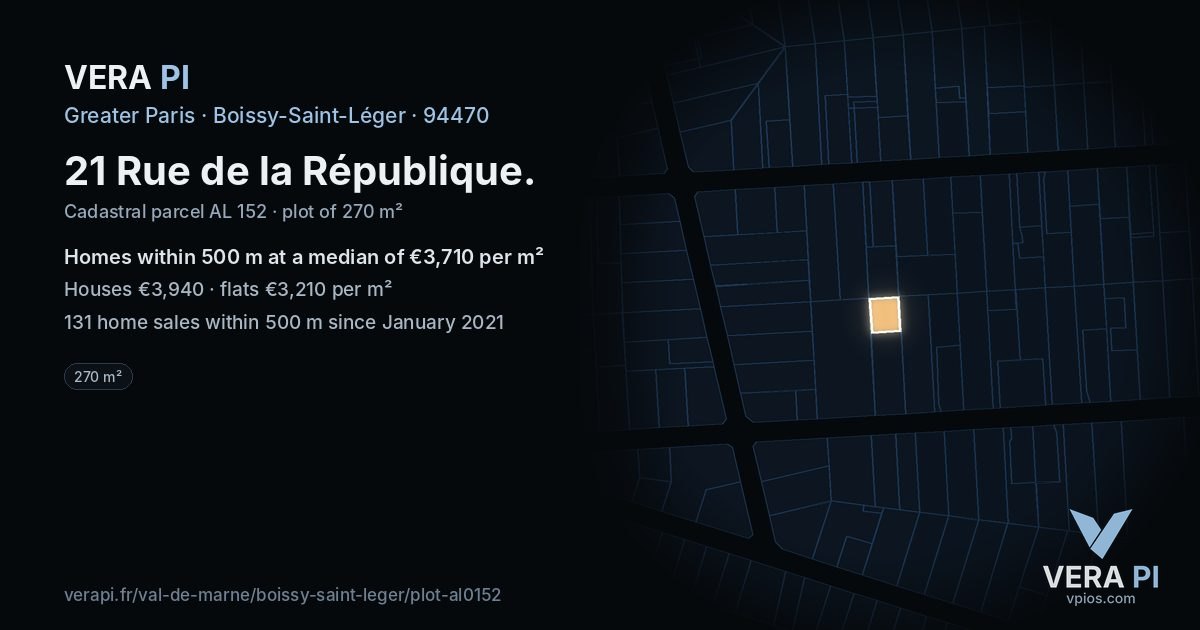 21 Rue de la République, Boissy-Saint-Léger at night – the plot lit, the parcels around coloured by the prices near them