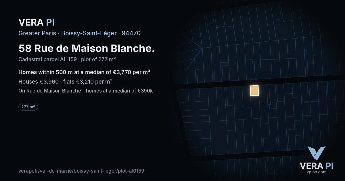 58 Rue de Maison Blanche, Boissy-Saint-Léger at night – the plot lit, the parcels around coloured by the prices near them