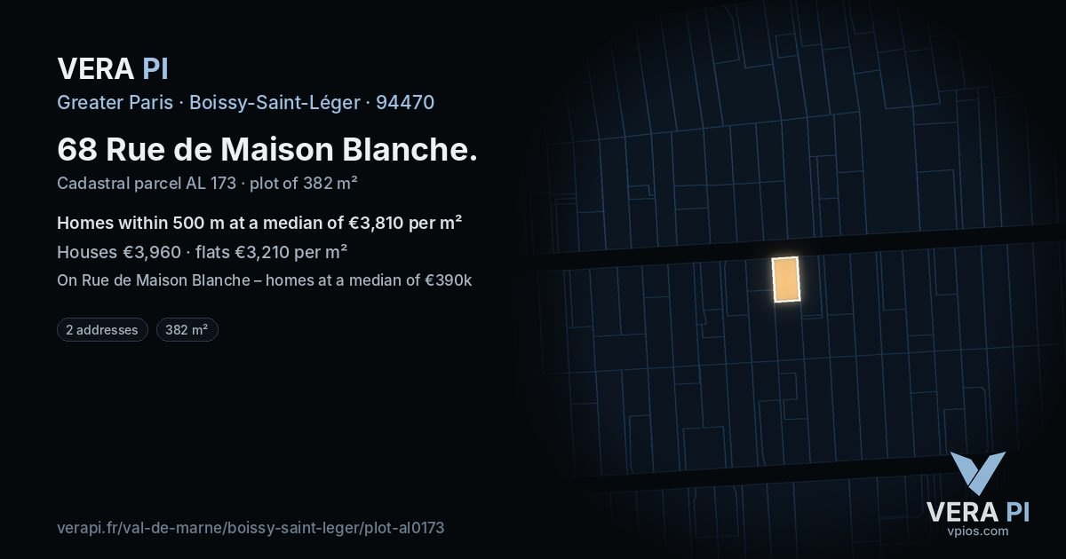 68 Rue de Maison Blanche, Boissy-Saint-Léger at night – the plot lit, the parcels around coloured by the prices near them