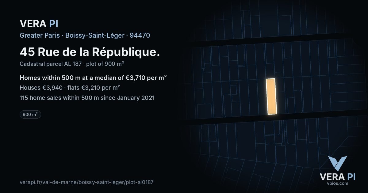 45 Rue de la République, Boissy-Saint-Léger at night – the plot lit, the parcels around coloured by the prices near them