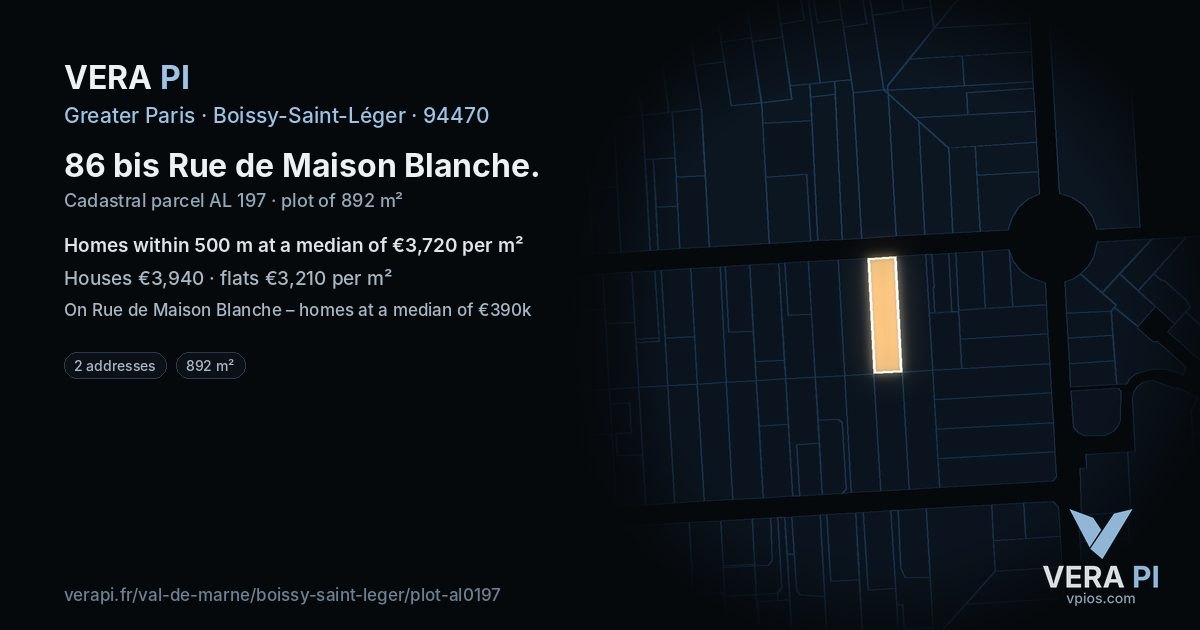86 bis Rue de Maison Blanche, Boissy-Saint-Léger at night – the plot lit, the parcels around coloured by the prices near them