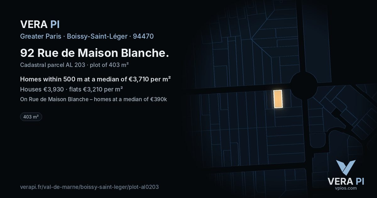 92 Rue de Maison Blanche, Boissy-Saint-Léger at night – the plot lit, the parcels around coloured by the prices near them