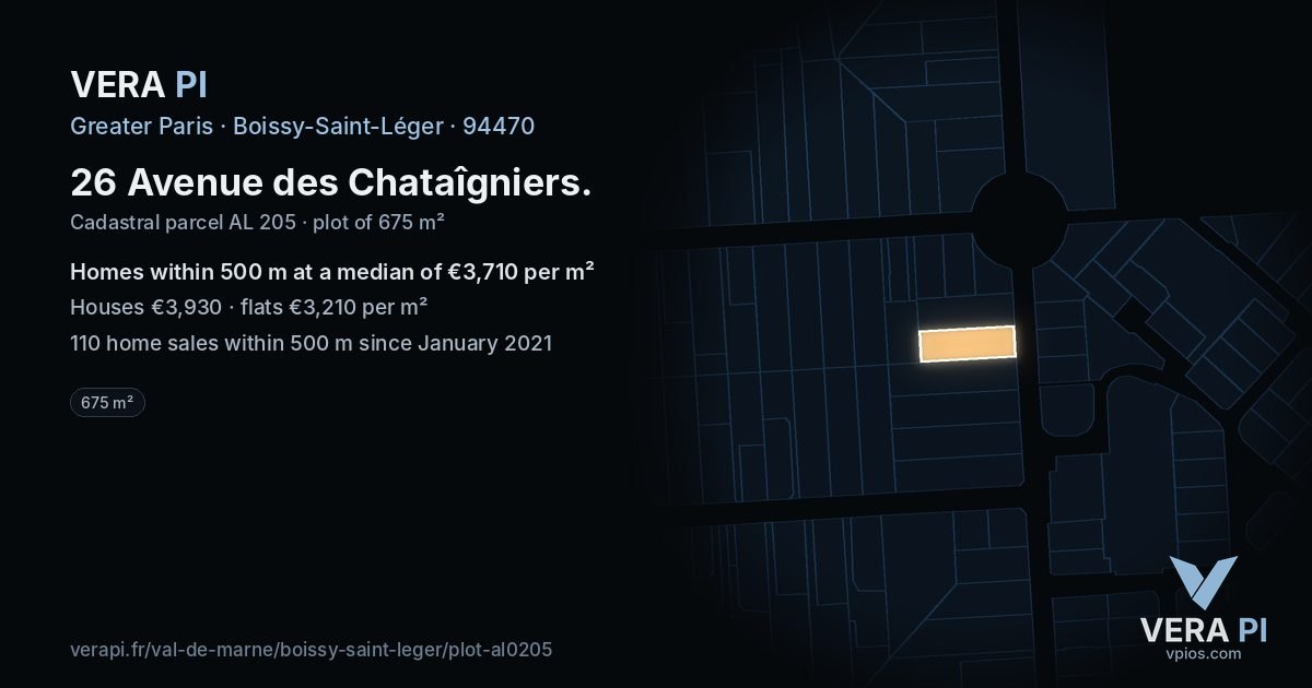 26 Avenue des Chataîgniers, Boissy-Saint-Léger at night – the plot lit, the parcels around coloured by the prices near them