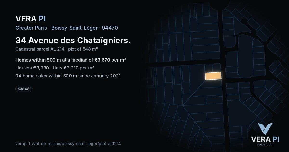 34 Avenue des Chataîgniers, Boissy-Saint-Léger at night – the plot lit, the parcels around coloured by the prices near them