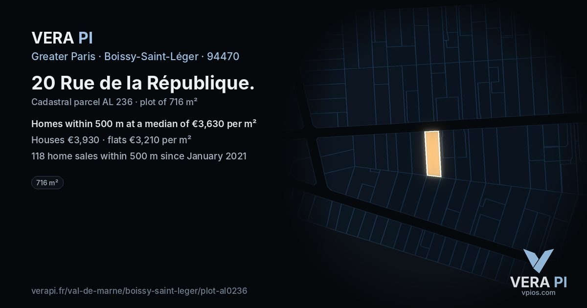 20 Rue de la République, Boissy-Saint-Léger at night – the plot lit, the parcels around coloured by the prices near them