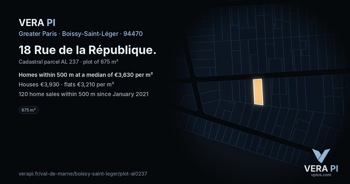 18 Rue de la République, Boissy-Saint-Léger at night – the plot lit, the parcels around coloured by the prices near them
