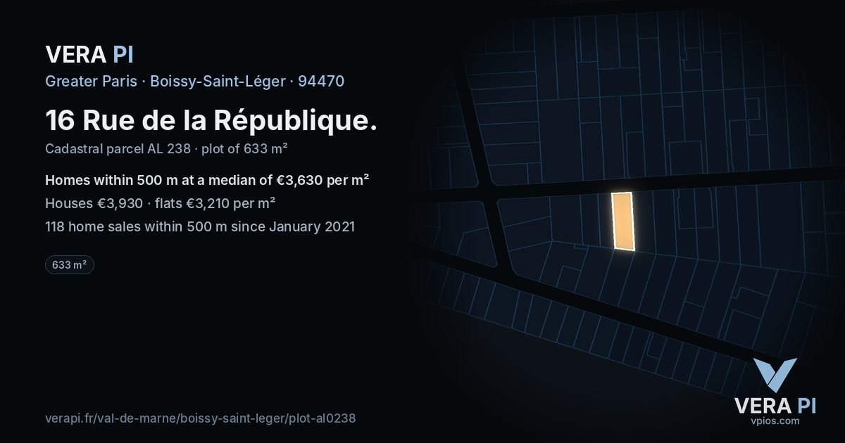 16 Rue de la République, Boissy-Saint-Léger at night – the plot lit, the parcels around coloured by the prices near them