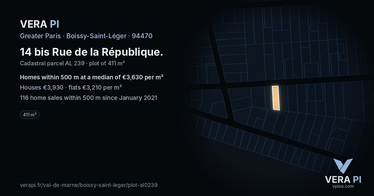 14 bis Rue de la République, Boissy-Saint-Léger at night – the plot lit, the parcels around coloured by the prices near them