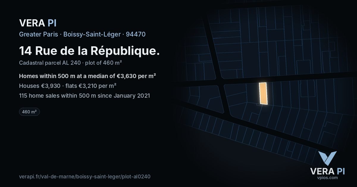 14 Rue de la République, Boissy-Saint-Léger at night – the plot lit, the parcels around coloured by the prices near them