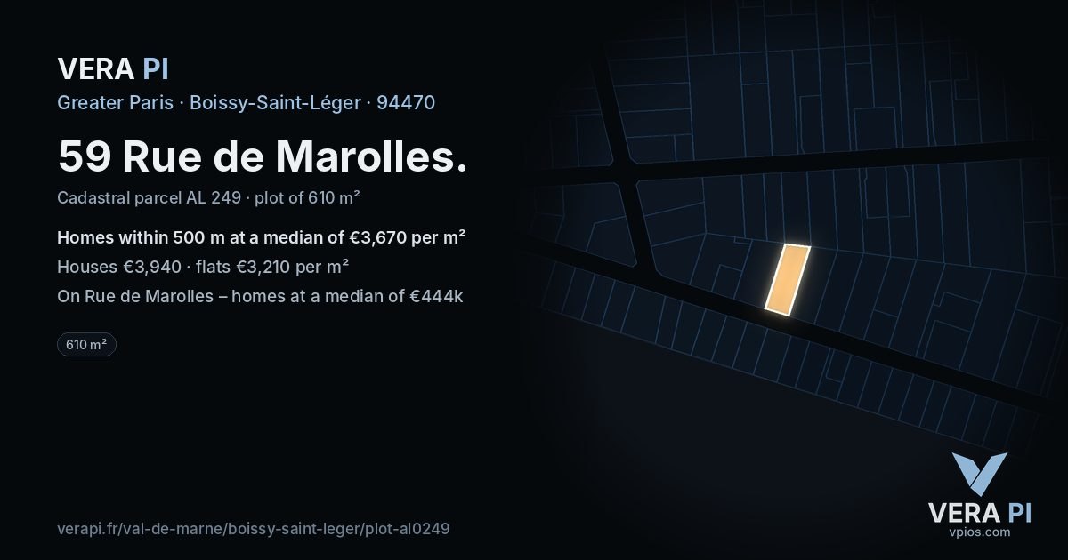 59 Rue de Marolles, Boissy-Saint-Léger at night – the plot lit, the parcels around coloured by the prices near them