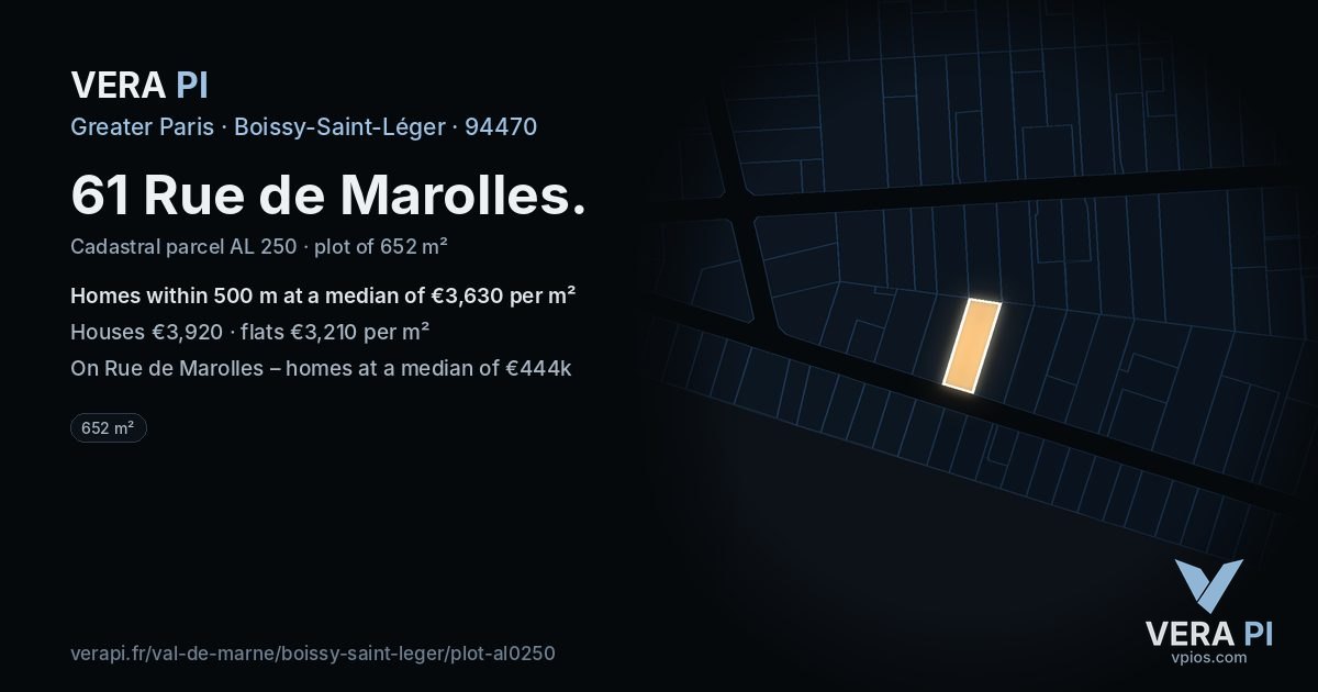 61 Rue de Marolles, Boissy-Saint-Léger at night – the plot lit, the parcels around coloured by the prices near them