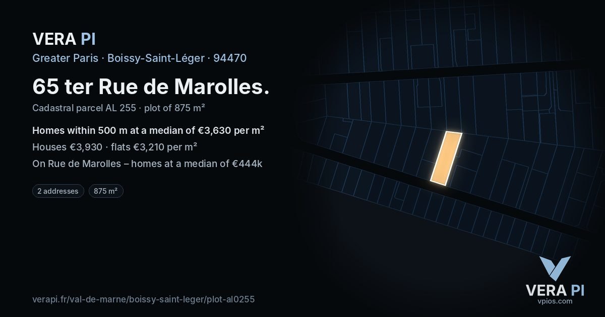 65 ter Rue de Marolles, Boissy-Saint-Léger at night – the plot lit, the parcels around coloured by the prices near them