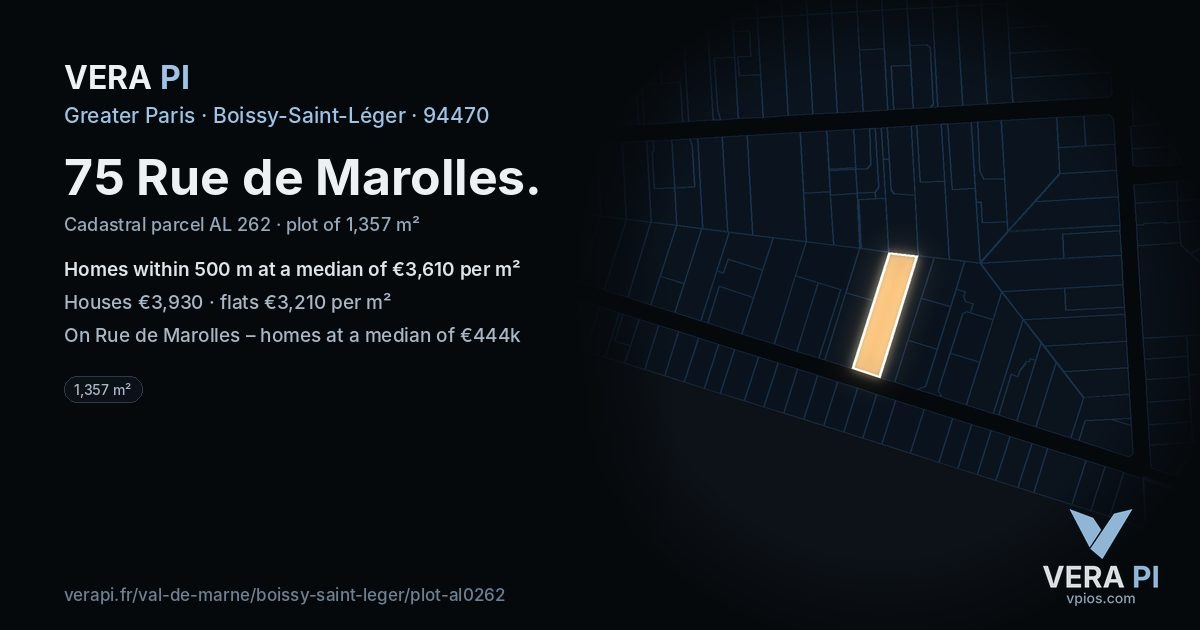 75 Rue de Marolles, Boissy-Saint-Léger at night – the plot lit, the parcels around coloured by the prices near them
