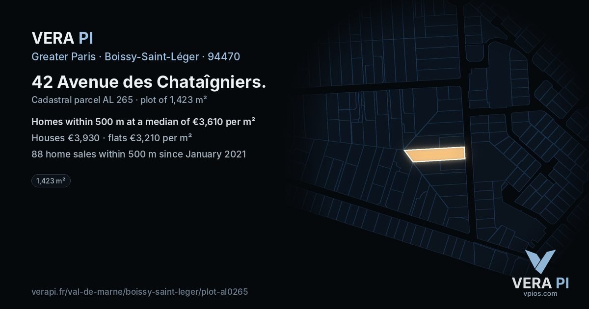 42 Avenue des Chataîgniers, Boissy-Saint-Léger at night – the plot lit, the parcels around coloured by the prices near them