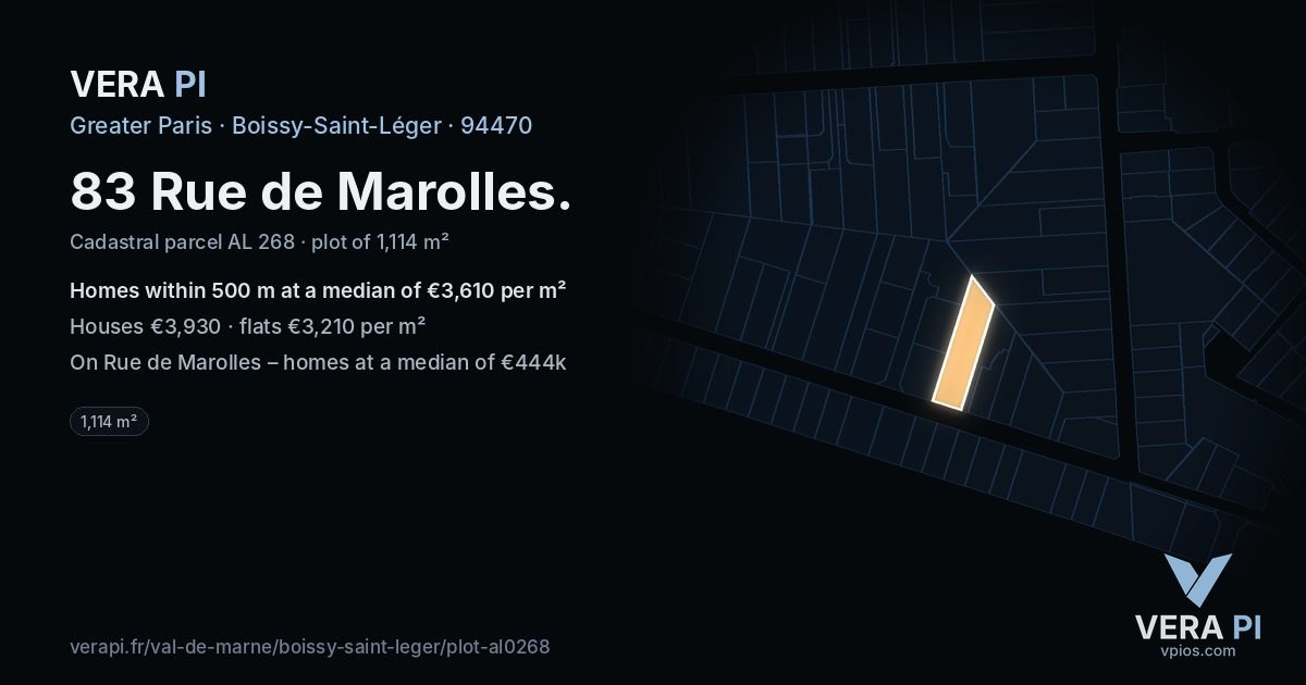 83 Rue de Marolles, Boissy-Saint-Léger at night – the plot lit, the parcels around coloured by the prices near them