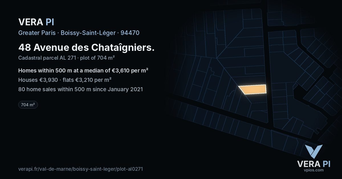 48 Avenue des Chataîgniers, Boissy-Saint-Léger at night – the plot lit, the parcels around coloured by the prices near them