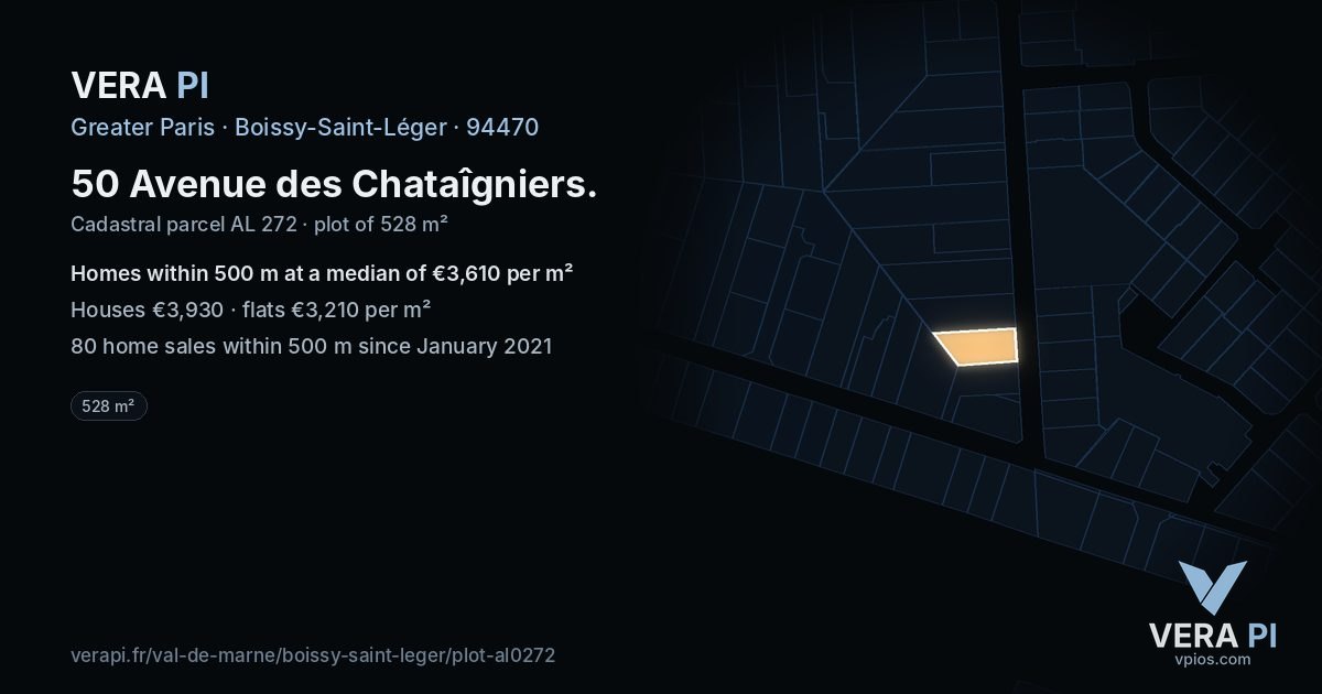 50 Avenue des Chataîgniers, Boissy-Saint-Léger at night – the plot lit, the parcels around coloured by the prices near them