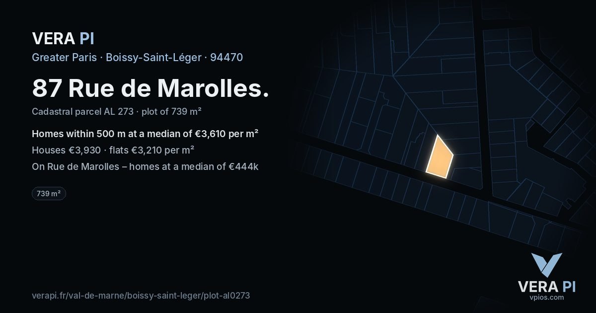 87 Rue de Marolles, Boissy-Saint-Léger at night – the plot lit, the parcels around coloured by the prices near them