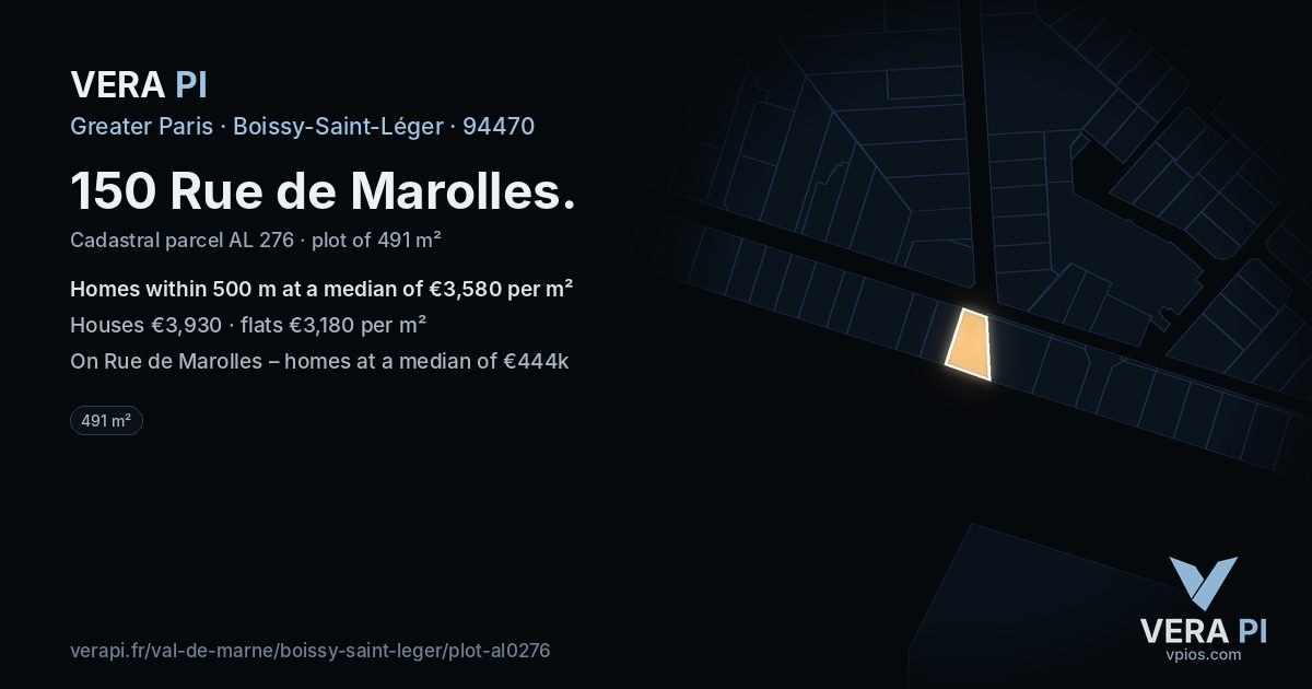 150 Rue de Marolles, Boissy-Saint-Léger at night – the plot lit, the parcels around coloured by the prices near them