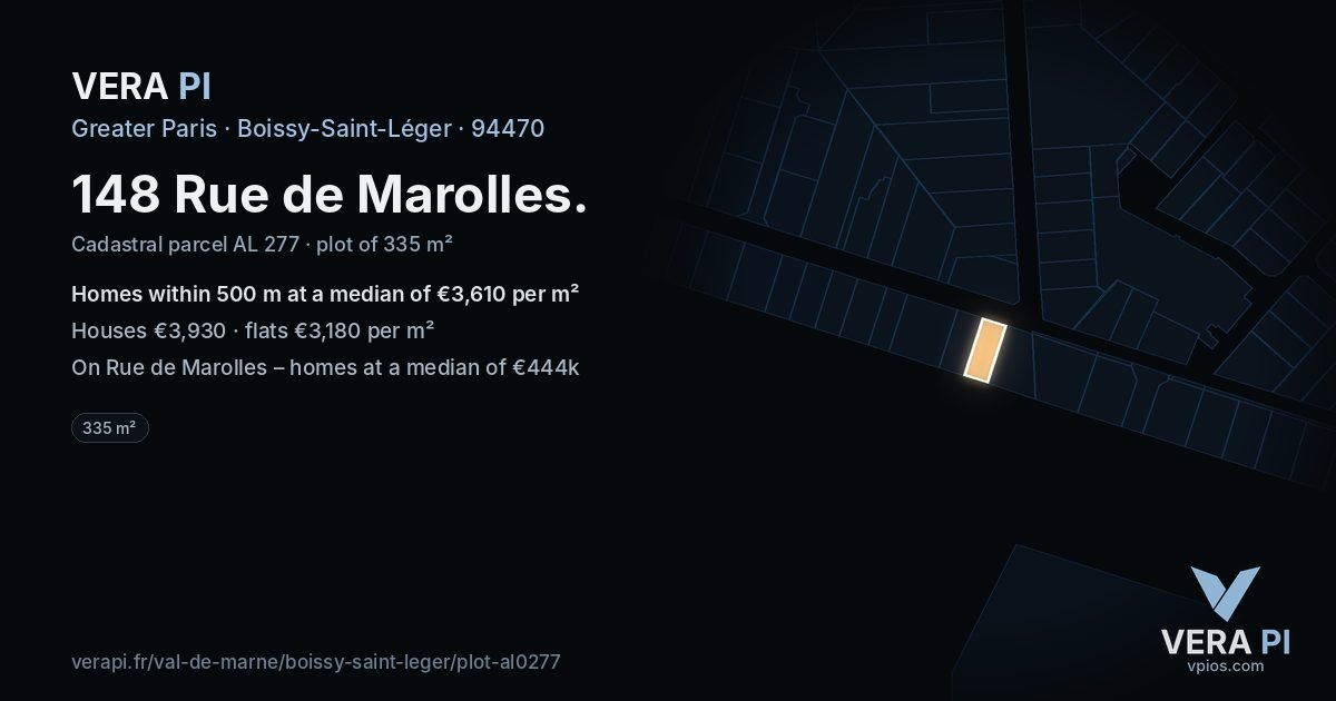 148 Rue de Marolles, Boissy-Saint-Léger at night – the plot lit, the parcels around coloured by the prices near them