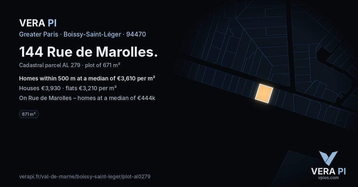 144 Rue de Marolles, Boissy-Saint-Léger at night – the plot lit, the parcels around coloured by the prices near them